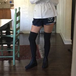 Over Knee black nylon sock boots wedge heel 8 1/2